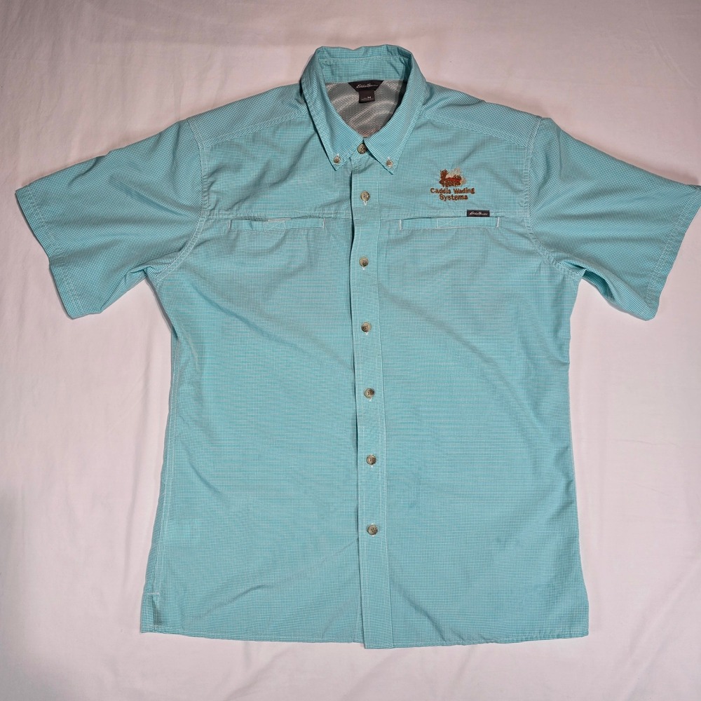 Eddie Bauer Mens M Short Sleeve Fishing Shirt Teal Gingham Caddis 
performance